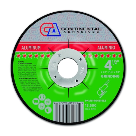 Continental Abrasives 4-1/2" x 1/4" x 7/8" Aluminum Solutions T27 Depressed Center Grinding Wheel A5-40451452